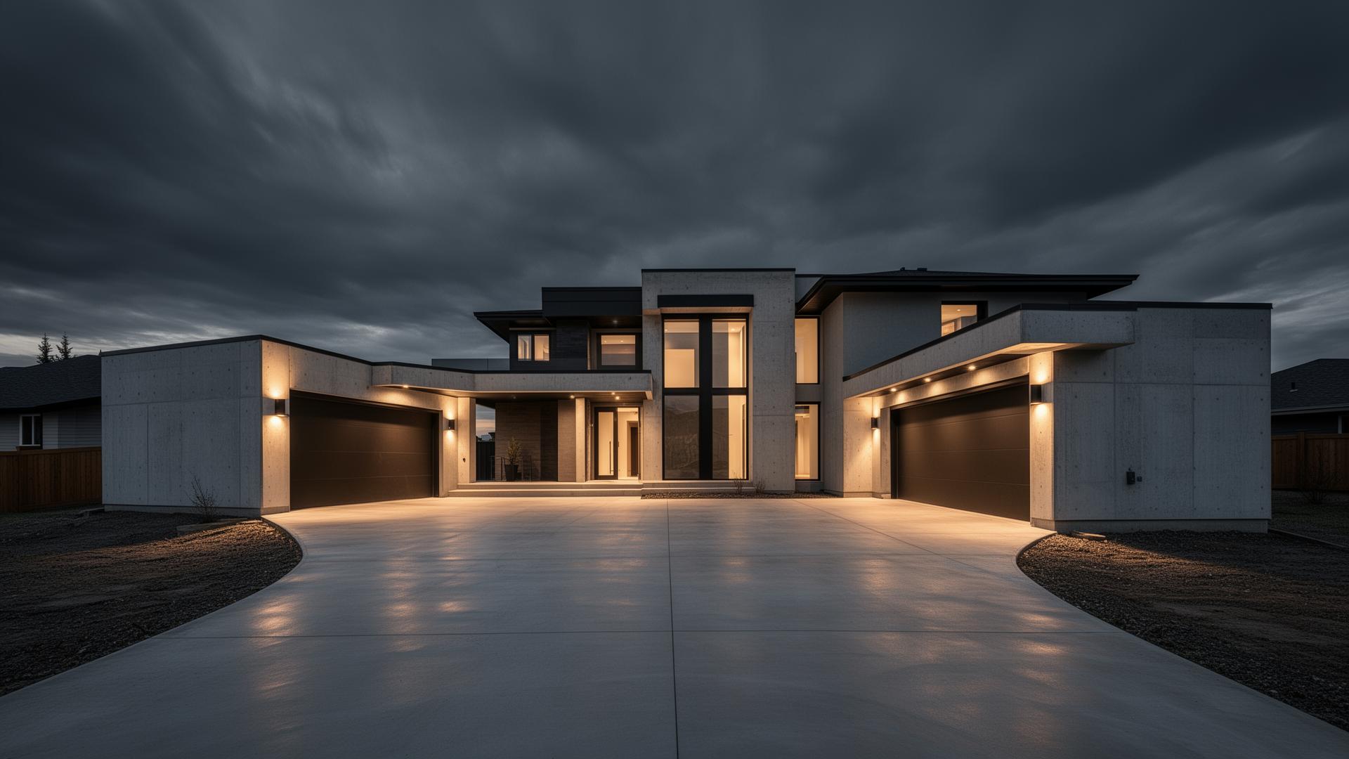 Modern concrete residence with sweeping driveway at dusk in Edmonton